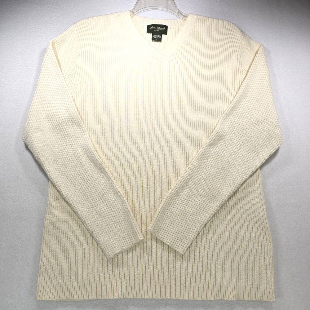 Eddie Bauer Mens Large Cream Ribbed V-Neck Cotton Knit Long Sleeve Sweater
